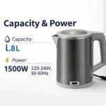 Electric Kettle 1.8L 1500W Fast Boil Stainless Steel | Auto Shut-Off & Boil-Dry Protection | 360° Rotating Base | Cord Storage | Modern Kitchen Kettle - Image 2