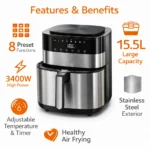 Air Fryer 15.5L 3400W | Large Capacity Digital Air Fryer | 8 Preset Functions | Adjustable Temperature & Timer | Stainless Steel Design - Image 3